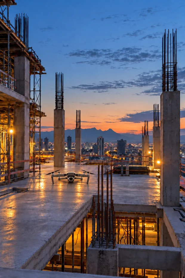 Mavic 2 drone inspecting a construction site at dusk
