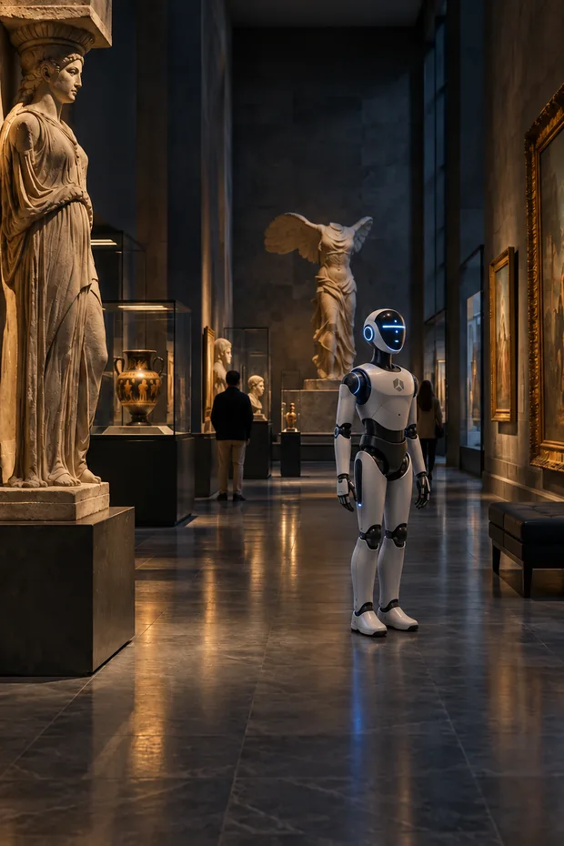 Humanoid robot guiding visitors beside a museum exhibit