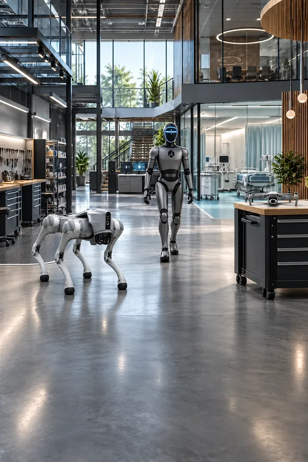 Humanoid robot, quadruped robot, and Mavic 2 drone deployed in a flexible innovation hub