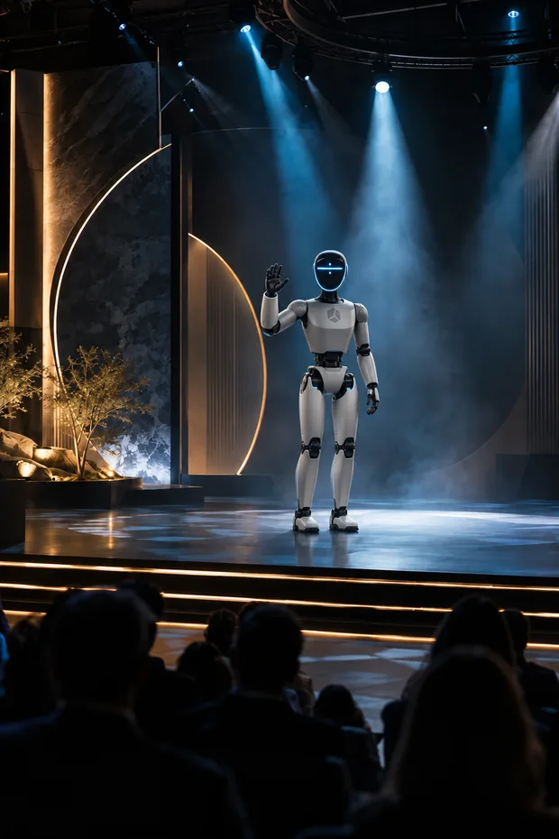 Humanoid robot engaging with an audience on a brand activation stage