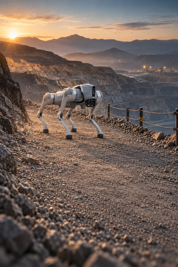Quadruped robot exploring an open-pit mine road