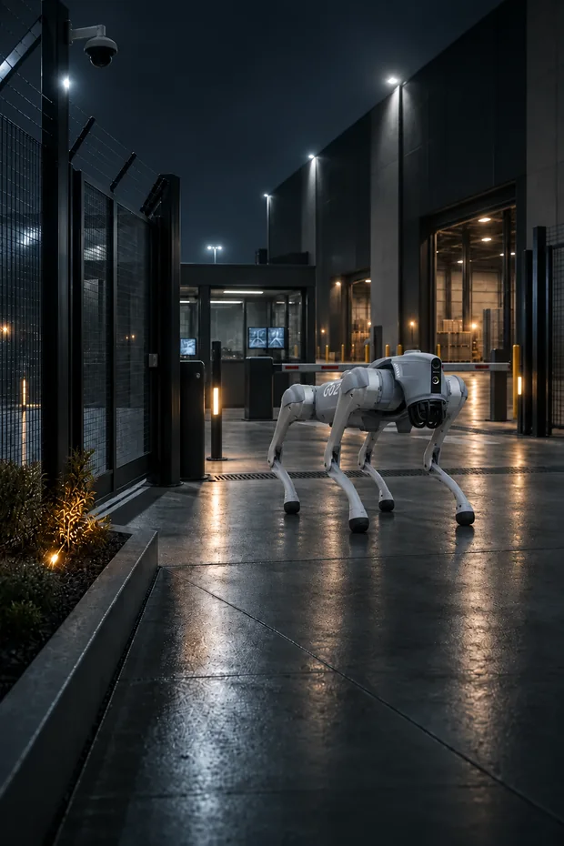 Quadruped robot patrolling a high-security logistics facility at night