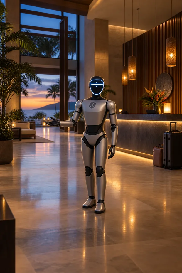 Humanoid service robot assisting guests in a luxury hotel lobby